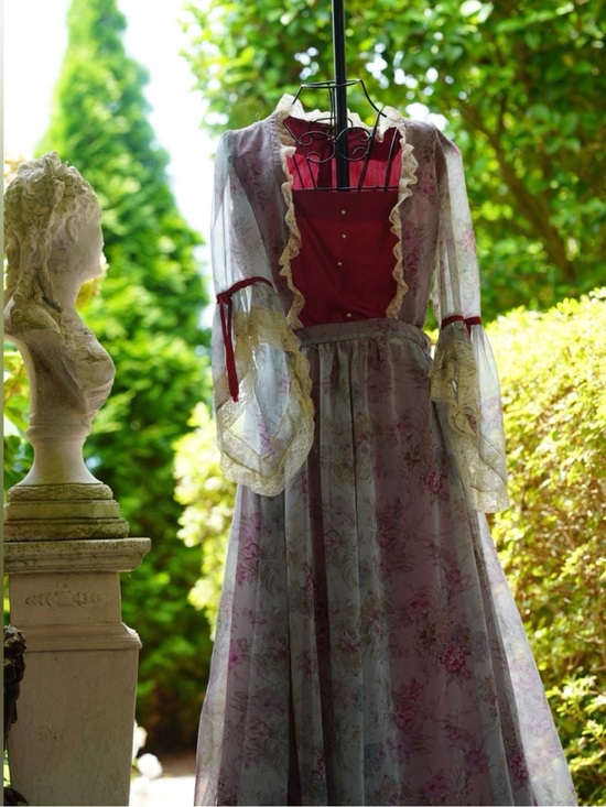 Vintage Dresses & Skirts - Romantic Floral Renaissance Dress with Red Corset | Victorian Fairy Tale Gown